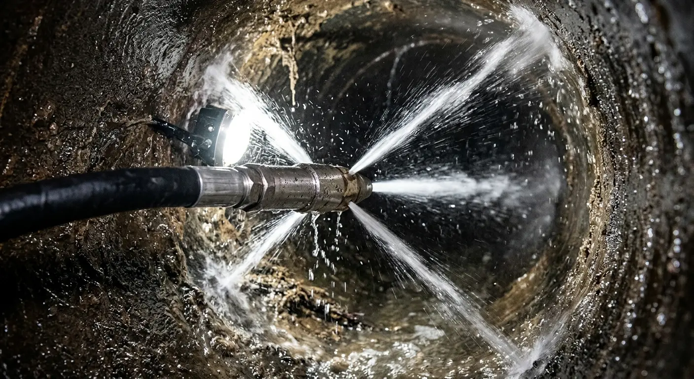High-pressure hydro jetting nozzle cleaning sewer pipe for Sewer Cleanout in Lincoln