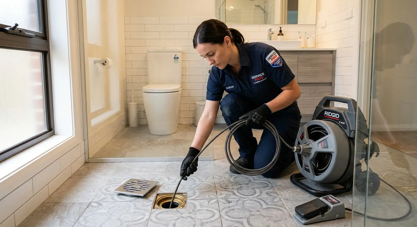 Technician clearing a bathroom floor drain for Drain Cleaning in Lincoln